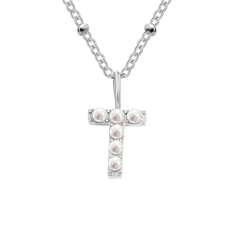 Niche Clavicle Chain 26 Pearl Letter Pendant Simple Stainless Steel Necklace T Stainless Steel