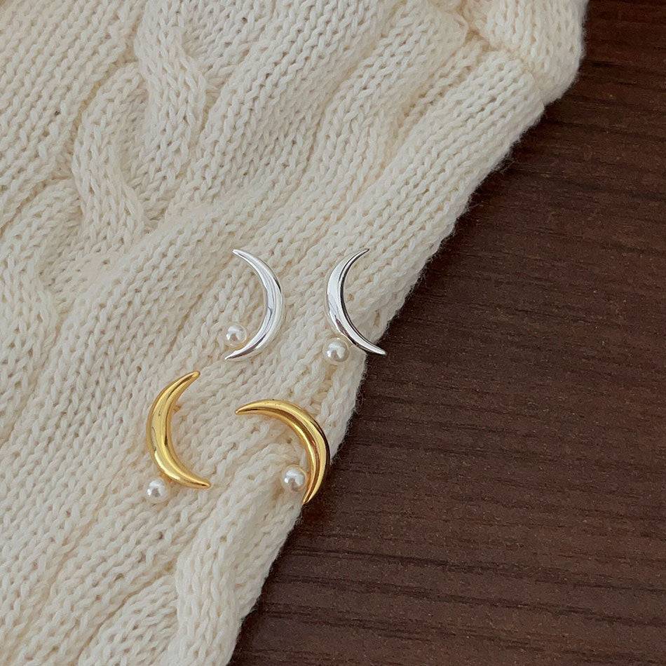 Moon Pearl Stud Earrings Korean Jewelry