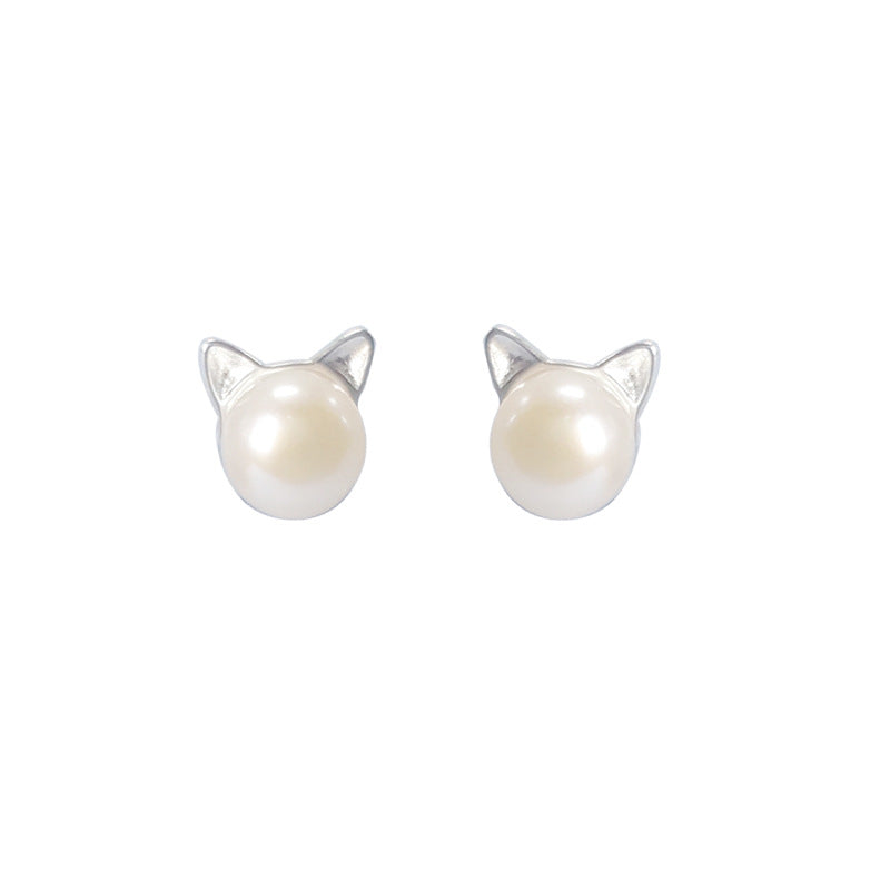 925 sterling silver natural freshwater pearl sprouting cat cat ears earrings Silver style 925 Silver