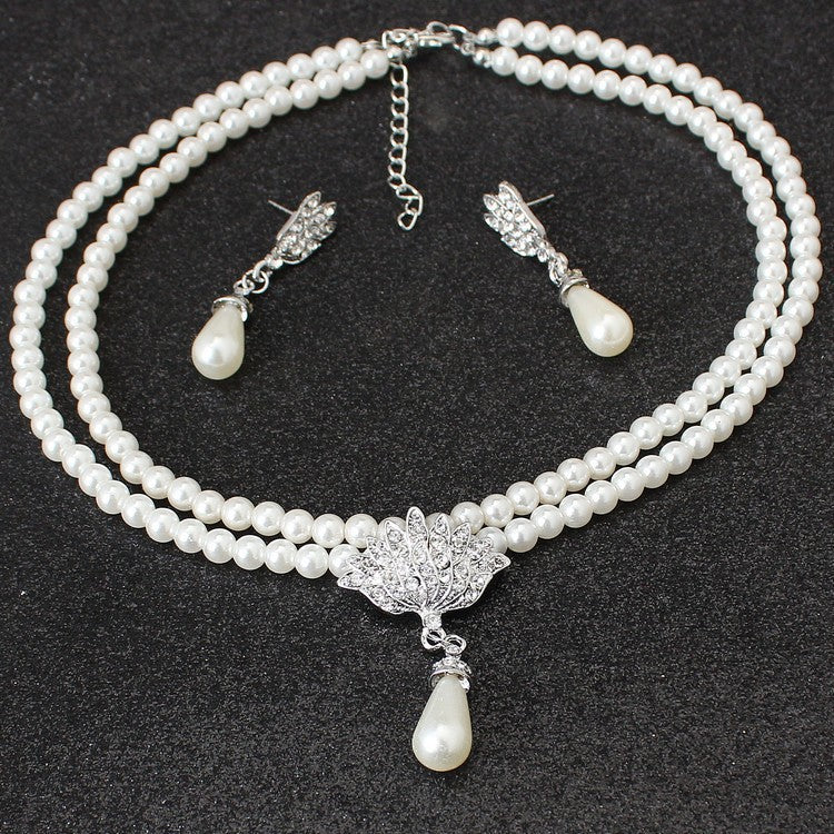 European And American Jewelry Bride Pearl Crystal With Short Collarbone Neck Necklace And Earring Set