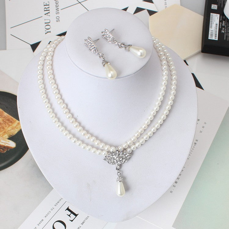 European And American Jewelry Bride Pearl Crystal With Short Collarbone Neck Necklace And Earring Set