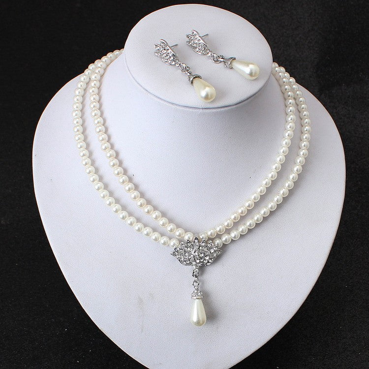 European And American Jewelry Bride Pearl Crystal With Short Collarbone Neck Necklace And Earring Set