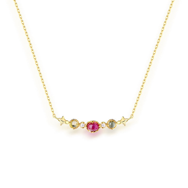 Natural Red Tourmaline Japanese Luxury Jewelry 925 Sterling Silver Plated 18K Gold Topaz Lemon Crystal Clavicle Necklace Silver 16x18cm