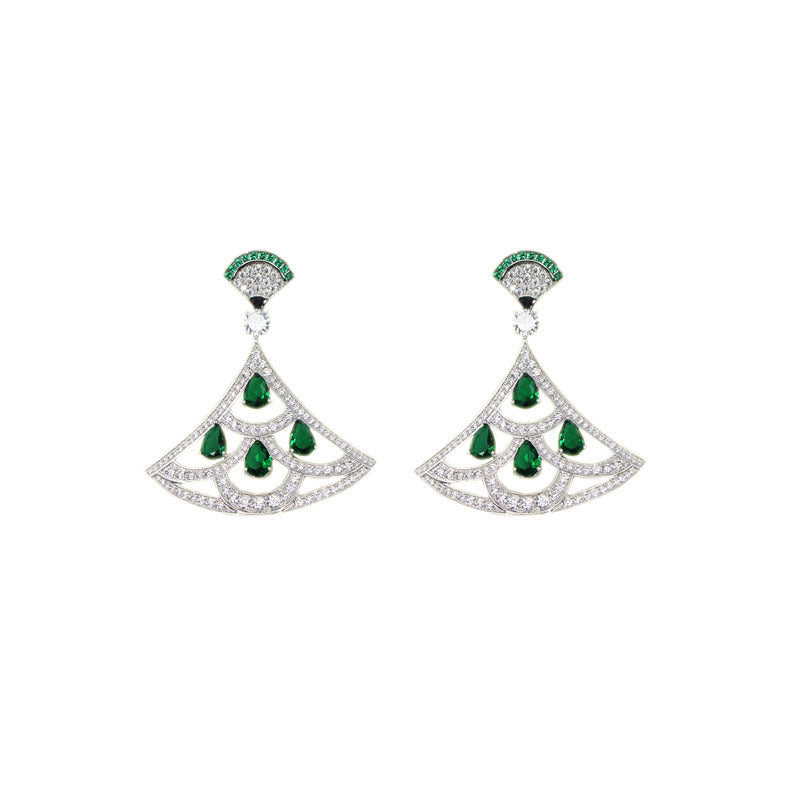 Green Zircon Fan-shaped Earrings With Gold-plated Diamonds Silver