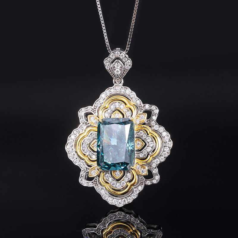 S925 Silver Retro Fashion High Carbon Diamond Texture Jewelry Dark Green Pendant With Chain