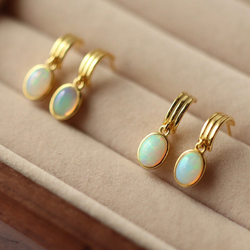 Retro French Style Natural Opal Sterling Silver Plated 18K Gold Earrings