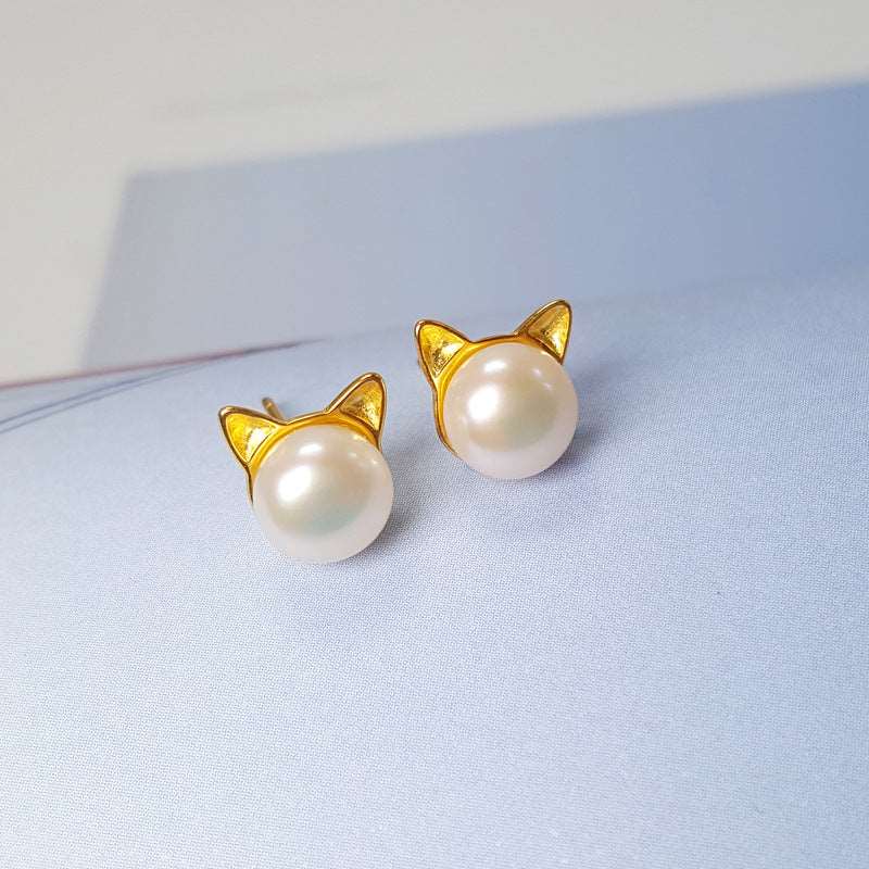 925 sterling silver natural freshwater pearl sprouting cat cat ears earrings Golden style 925 Silver