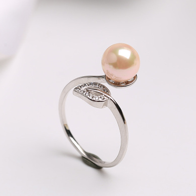 Pearl Ring women's single opening adjustable ring Pink Silver