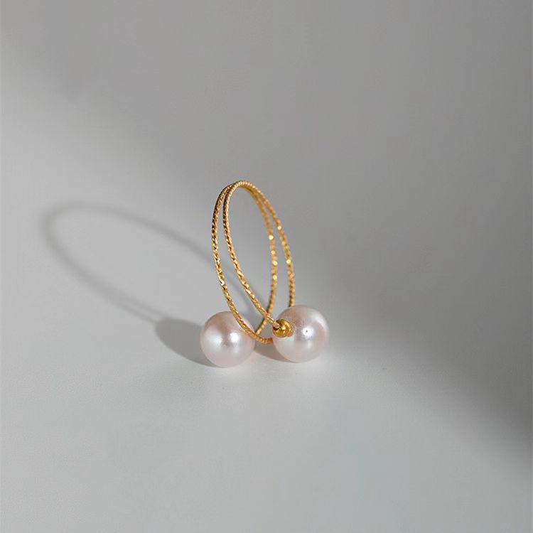 18k Gold Pearl Elastic Ring Au750 Color Gold Adjustable White pearl double ring