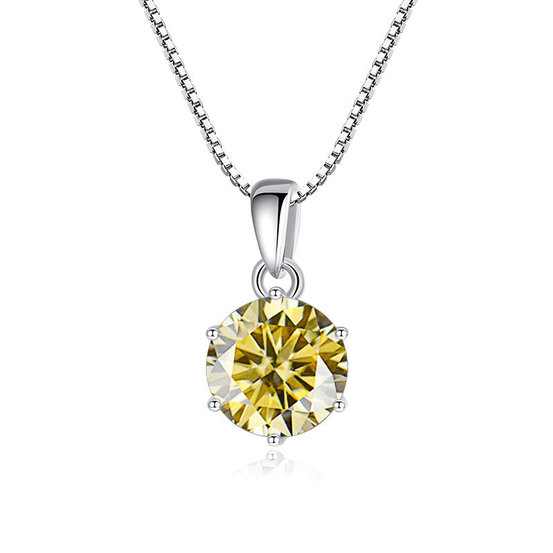 925 Silver Inlaid Round Moissanite Necklace Silver yellow 1Carat