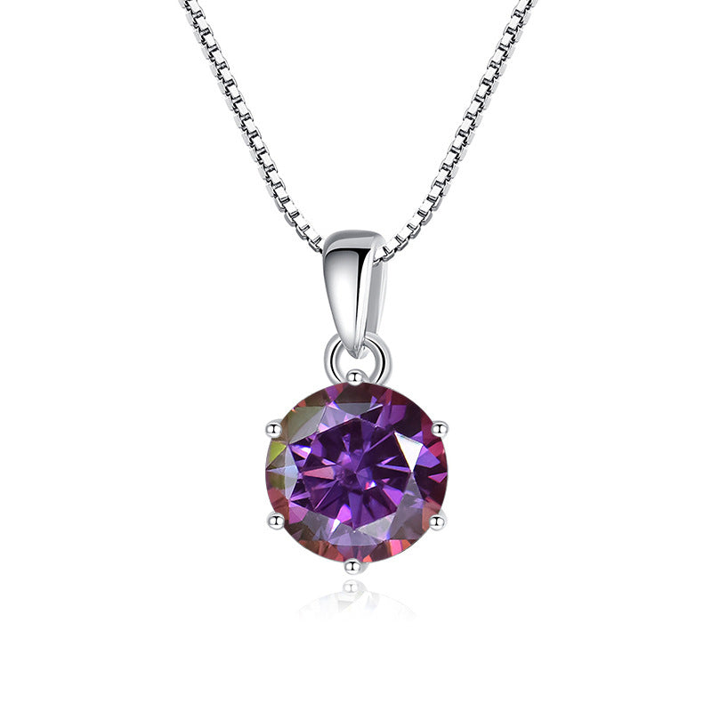 925 Silver Inlaid Round Moissanite Necklace Silver Purple Red 1Carat