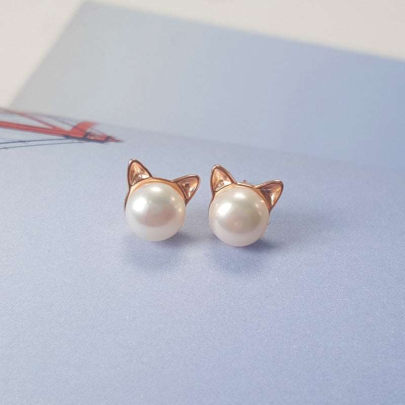 925 sterling silver natural freshwater pearl sprouting cat cat ears earrings Rose gold 925 Silver