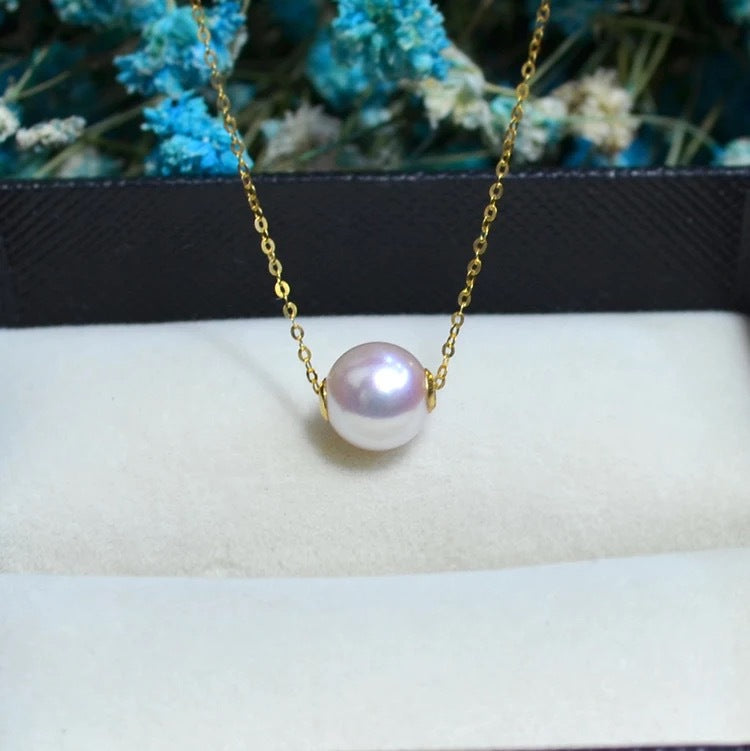 18 K gold natural seawater pearl pendant necklace, clavicle containing 18K gold chain