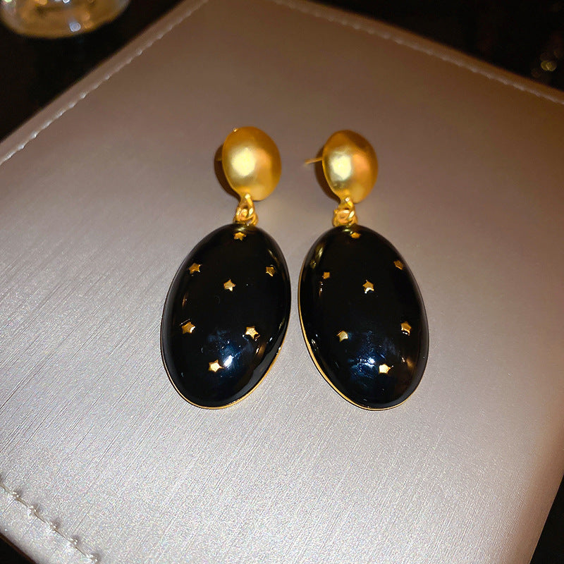 Retro Oil Dripping Five-pointed Star Oval Geometry 925 Silver Pin Earrings Black Drip Oval
