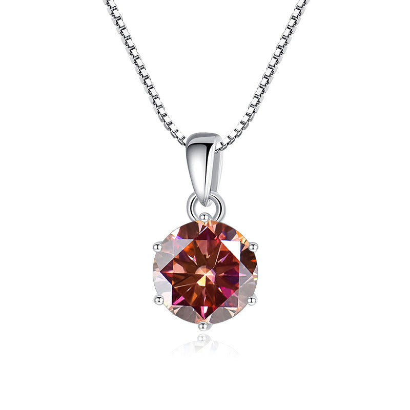 925 Silver Inlaid Round Moissanite Necklace Silver auspicious red 1Carat