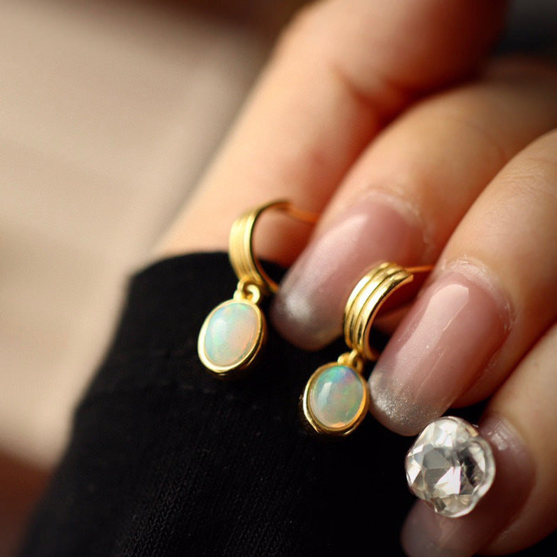 Retro French Style Natural Opal Sterling Silver Plated 18K Gold Earrings