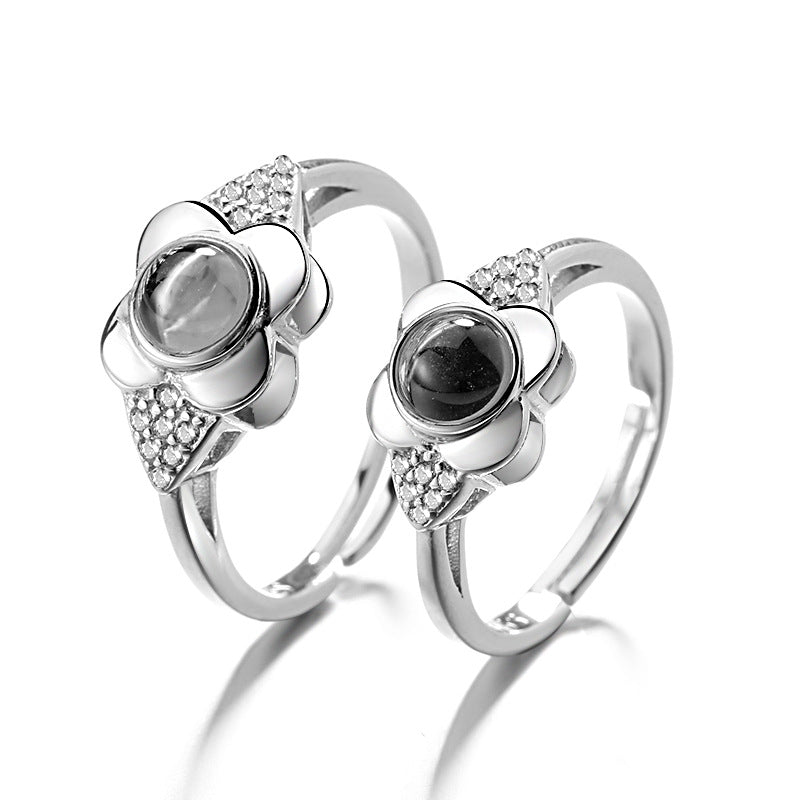 925 Silver Petal Projection Color Photo Couple Rings Silver Women
