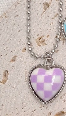 Checkerboard Love Titanium Steel Chain Necklace Purple and white bead chains