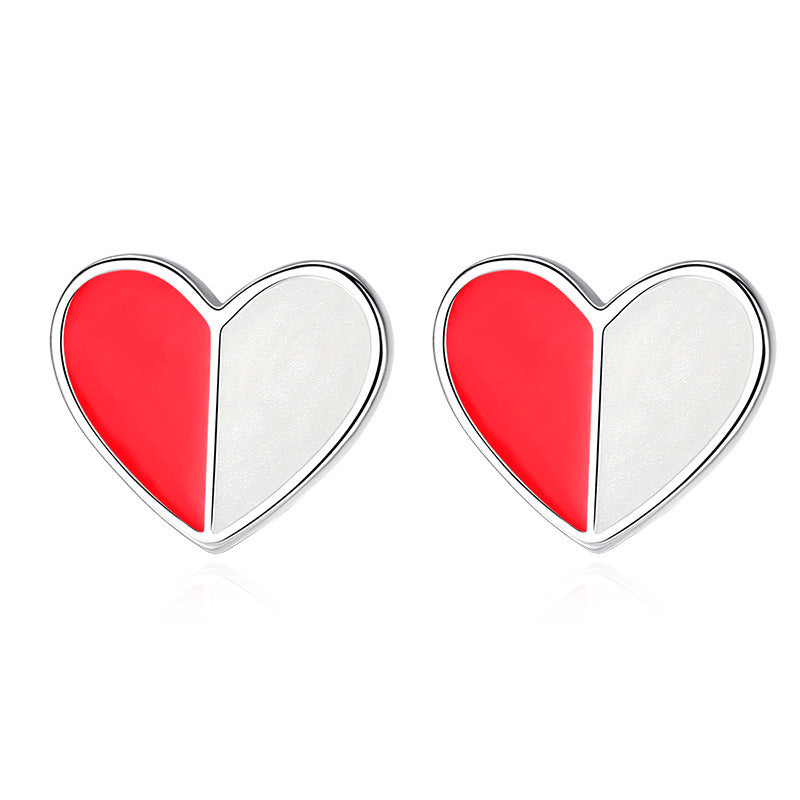 S925 Sterling Silver Two-tone Love Heart Stud Earrings Female Temperament Reddish Gray 925 Silver