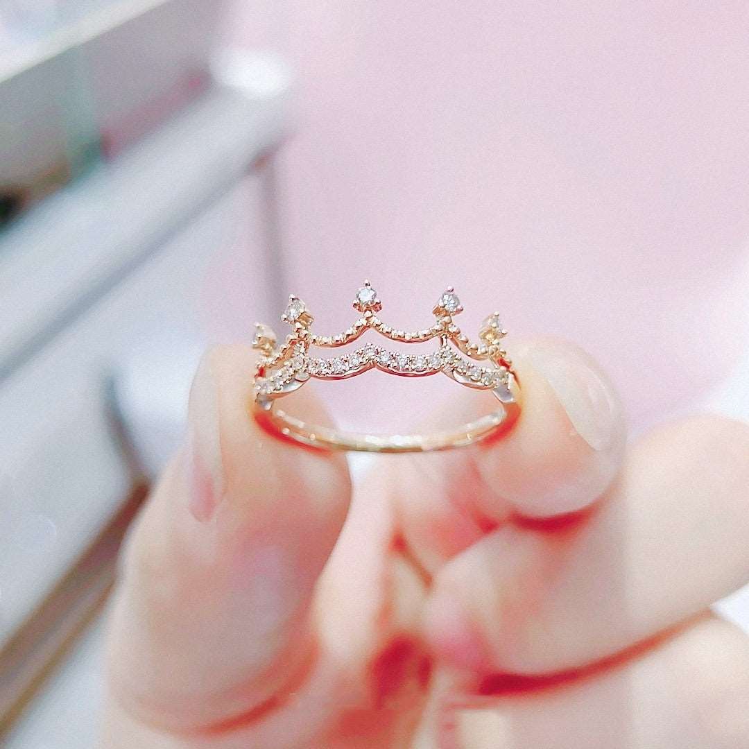 18K Gold Crown Ring Women's Rose Gold Diamond Ring