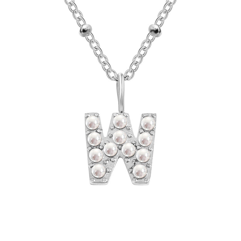 Niche Clavicle Chain 26 Pearl Letter Pendant Simple Stainless Steel Necklace W Stainless Steel