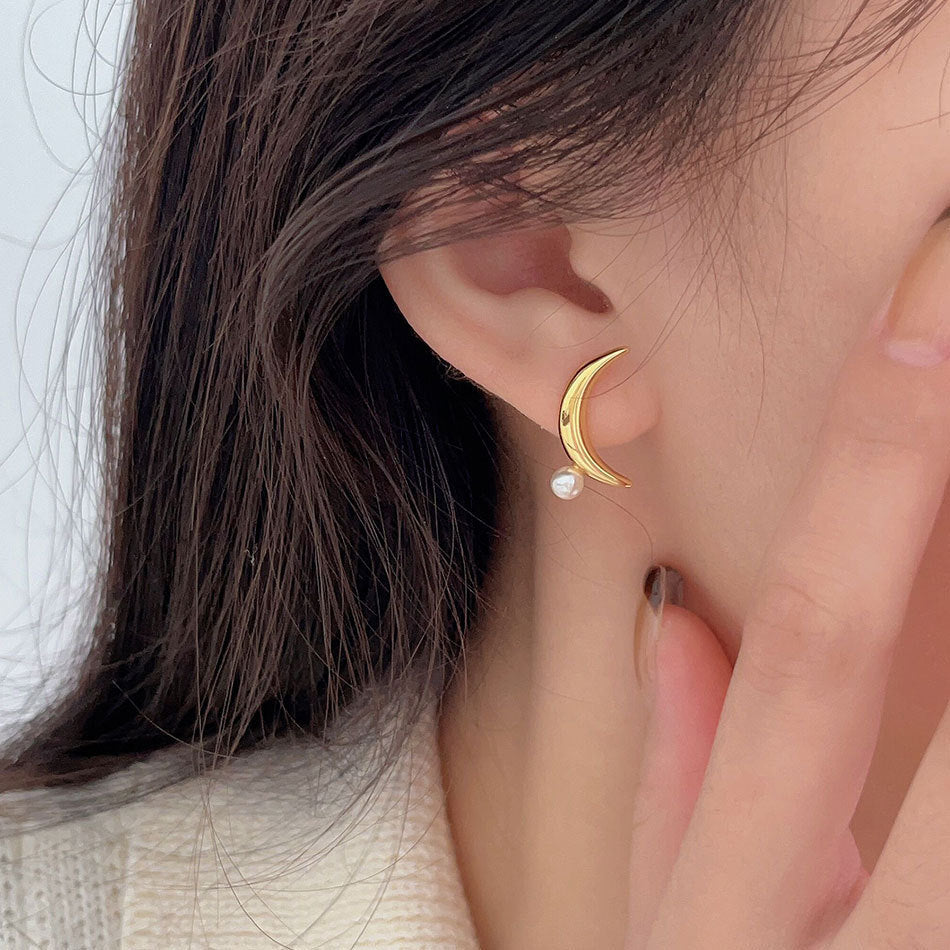 Moon Pearl Stud Earrings Korean Jewelry