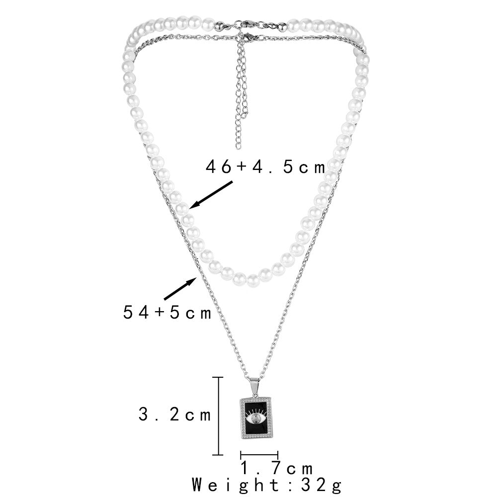 Stylish And Simple Personality All-match Stainless Steel Square Plate Eye Pearl Necklace