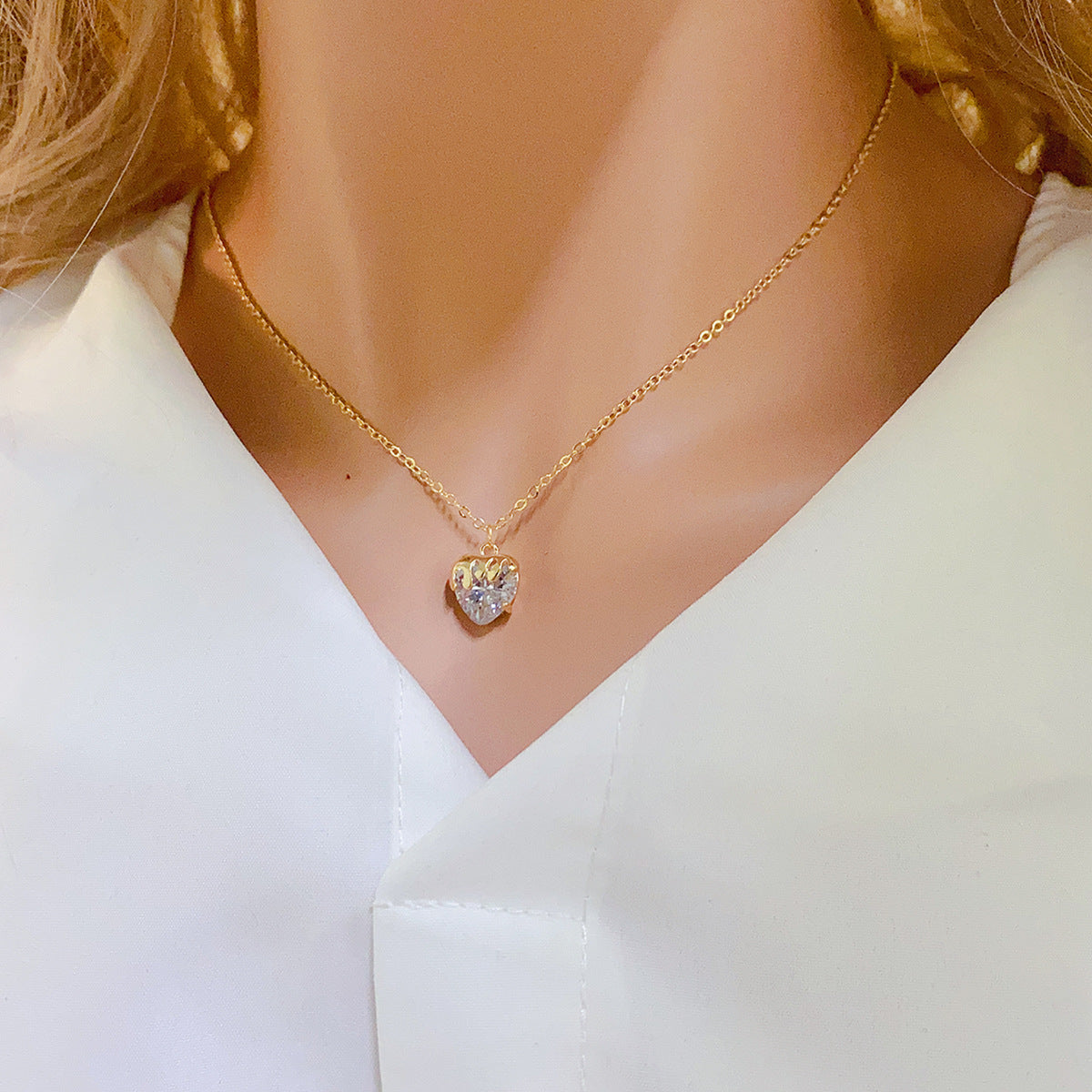 Women's Fashion Casual Heart-shaped Zircon Pendant Necklace 9 Gold White Zircon