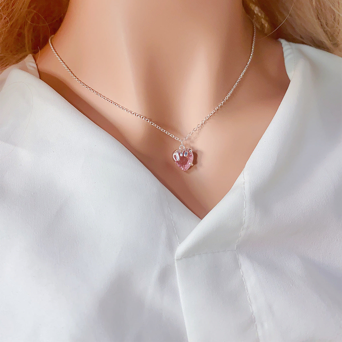 Women's Fashion Casual Heart-shaped Zircon Pendant Necklace 6 Silver Peach Zircon