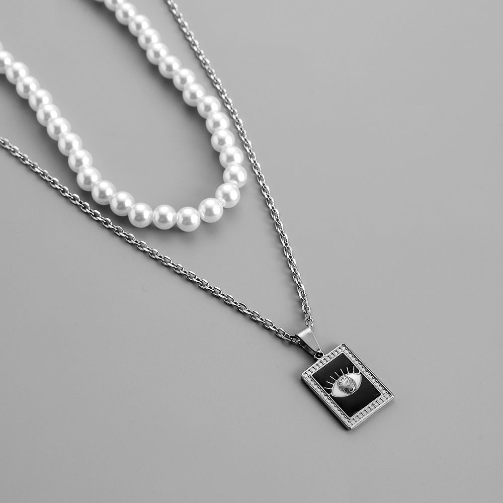 Stylish And Simple Personality All-match Stainless Steel Square Plate Eye Pearl Necklace X2890