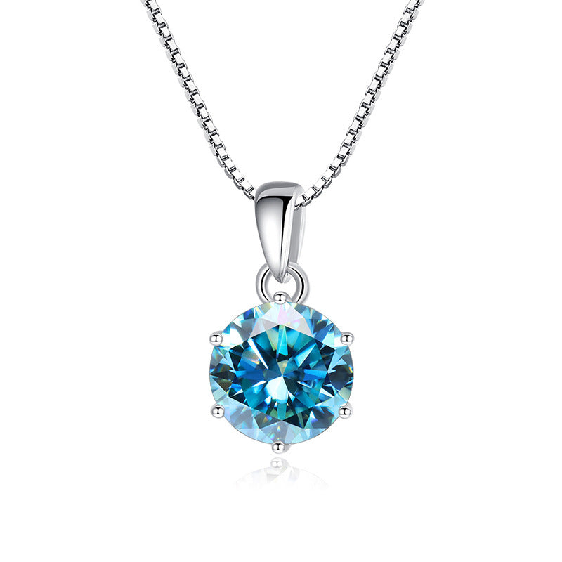 925 Silver Inlaid Round Moissanite Necklace Silver Treasure Blue 1Carat