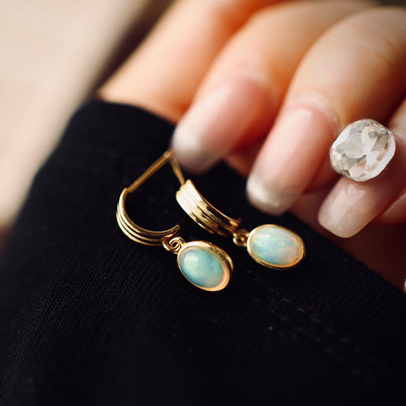 Retro French Style Natural Opal Sterling Silver Plated 18K Gold Earrings Opal Eardrops