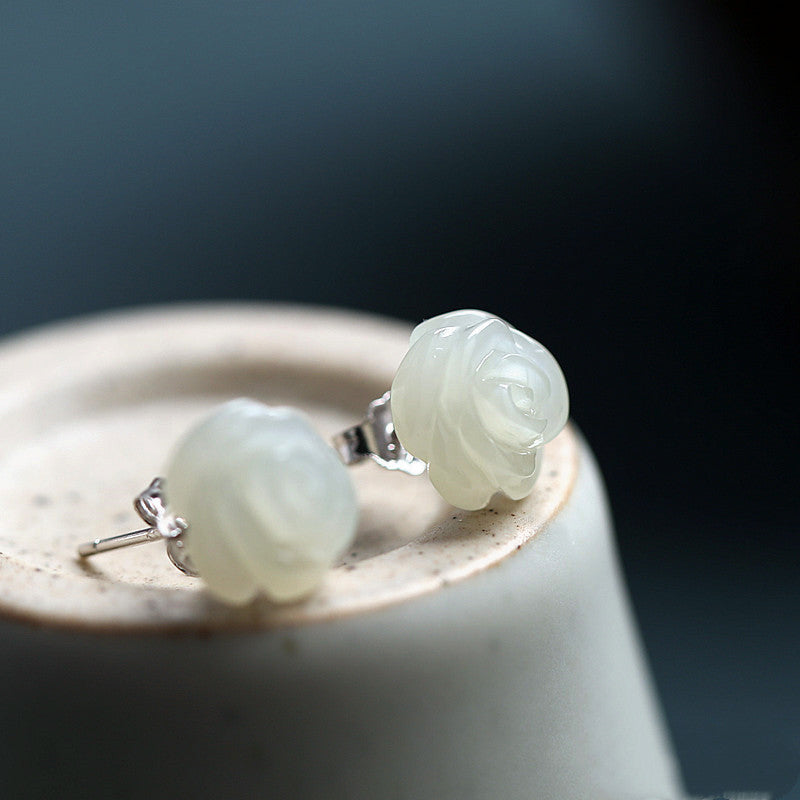 Ose Flower Sterling Silver Women Hetian Jade Flower Earrings