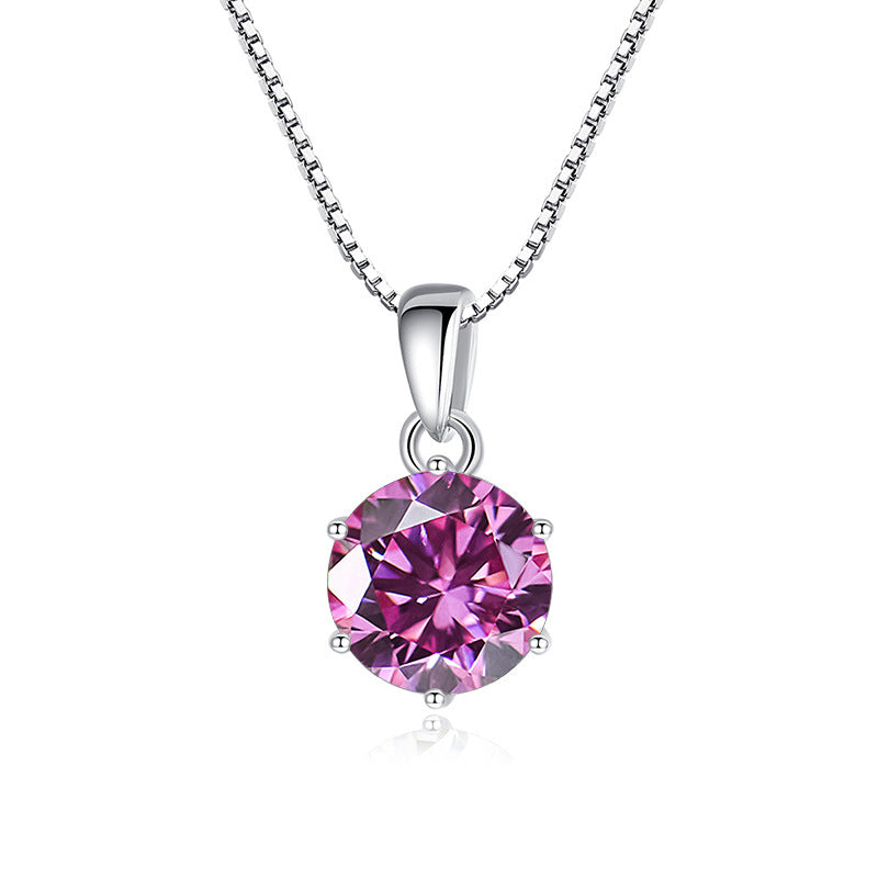925 Silver Inlaid Round Moissanite Necklace Silver Pink 1Carat
