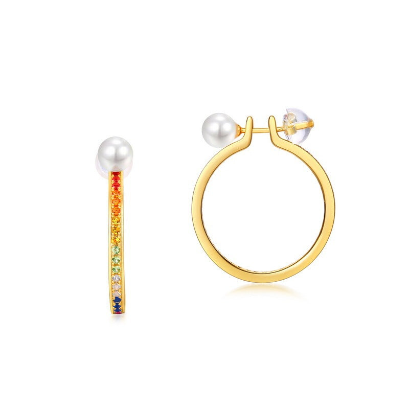 New S925 Silver Pearl Round Ring Earrings Full Inlaid Color Zirconium
