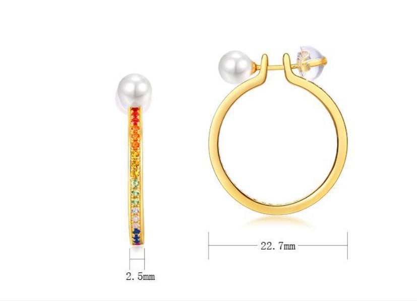New S925 Silver Pearl Round Ring Earrings Full Inlaid Color Zirconium