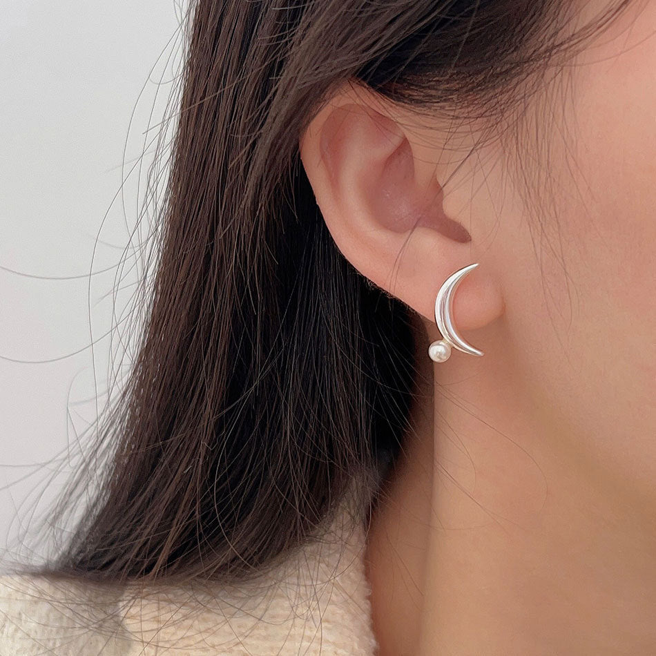 Moon Pearl Stud Earrings Korean Jewelry