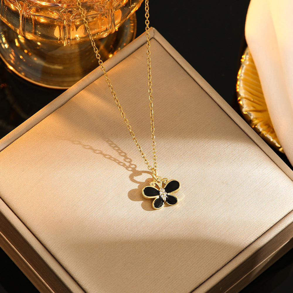 Oil Dripping Butterfly Titanium Steel Necklace Light Luxury Minority High-end Design 8120 Black Butterfly