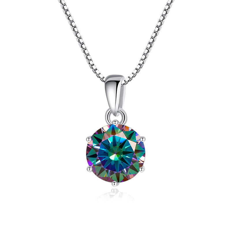 925 Silver Inlaid Round Moissanite Necklace Silver Seven Colored 1Carat