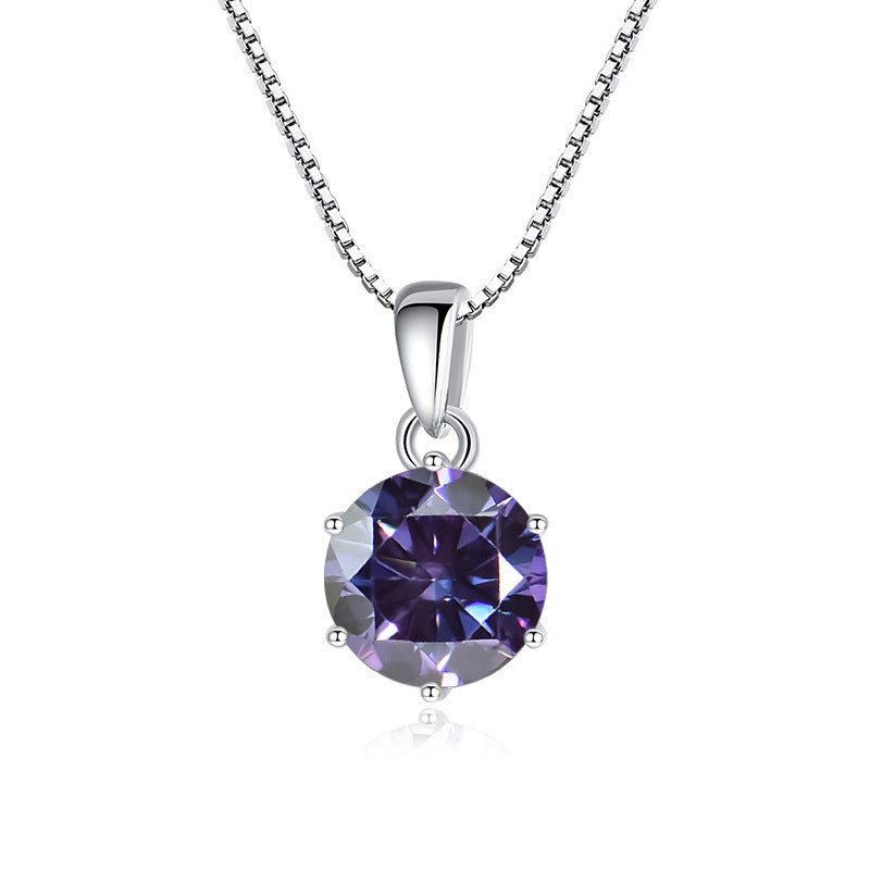 925 Silver Inlaid Round Moissanite Necklace Silver Purple Blue 1Carat