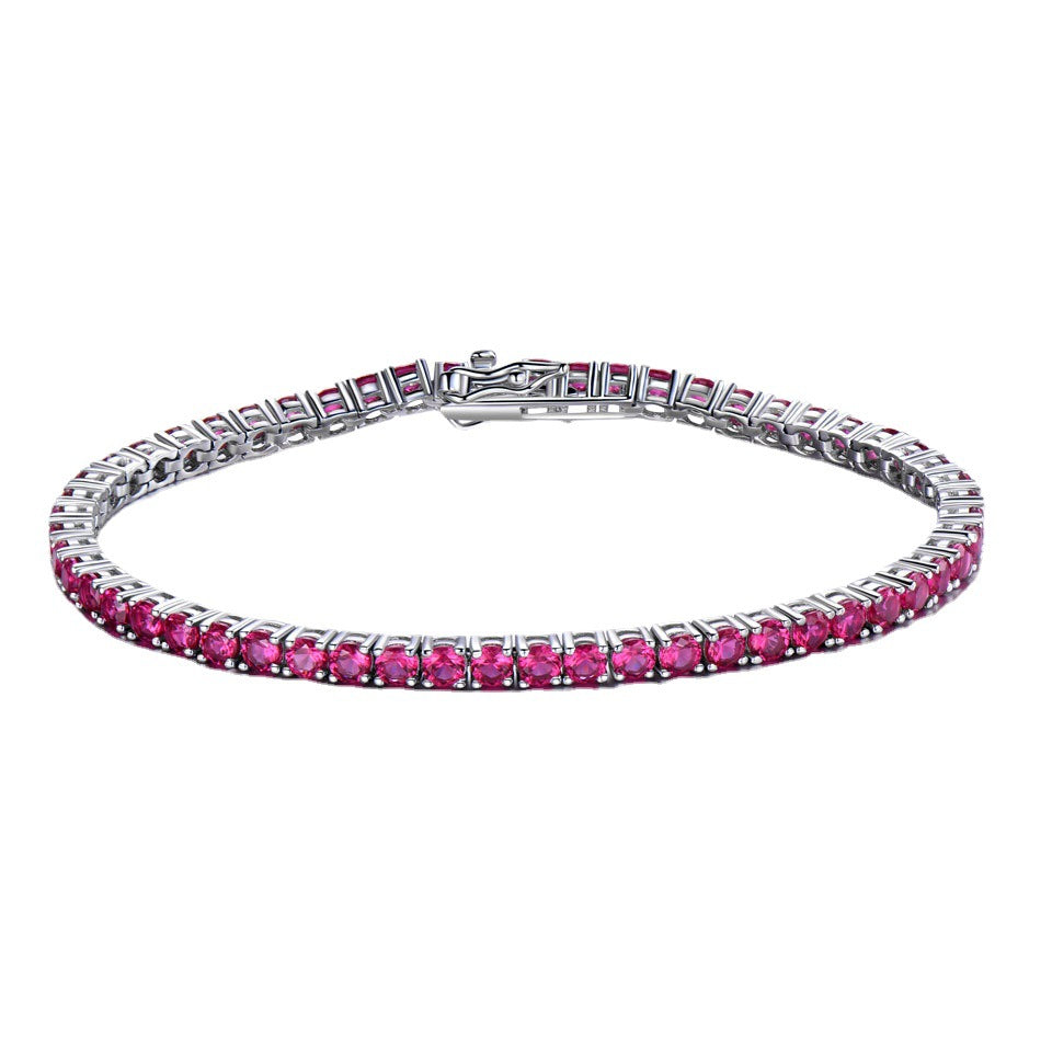 S925 Sterling Silver Tennis Chain Full Diamond Ruby Bracelet 18cm