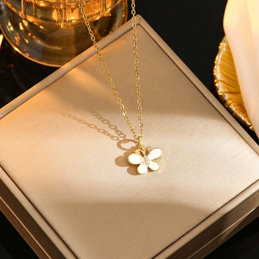 Oil Dripping Butterfly Titanium Steel Necklace Light Luxury Minority High-end Design 8120 White Butterfly