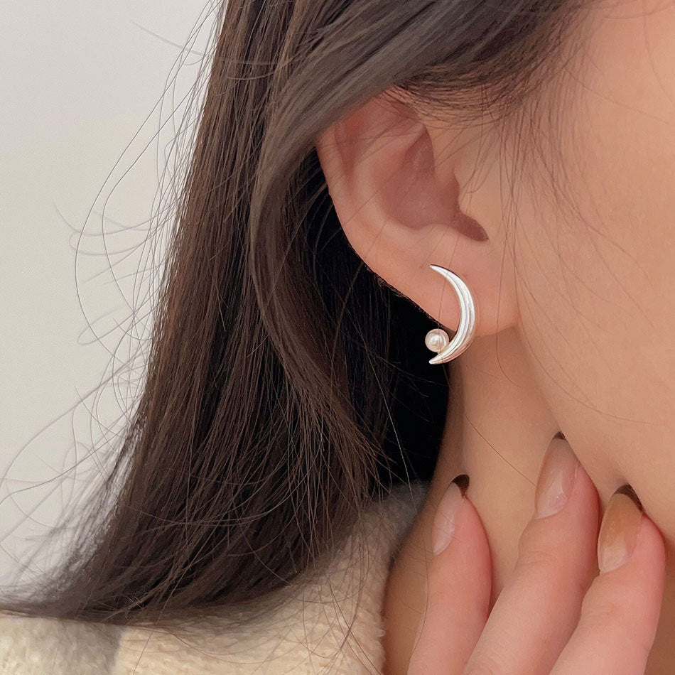Moon Pearl Stud Earrings Korean Jewelry