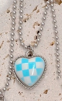 Checkerboard Love Titanium Steel Chain Necklace Blue and white bead chainslusl