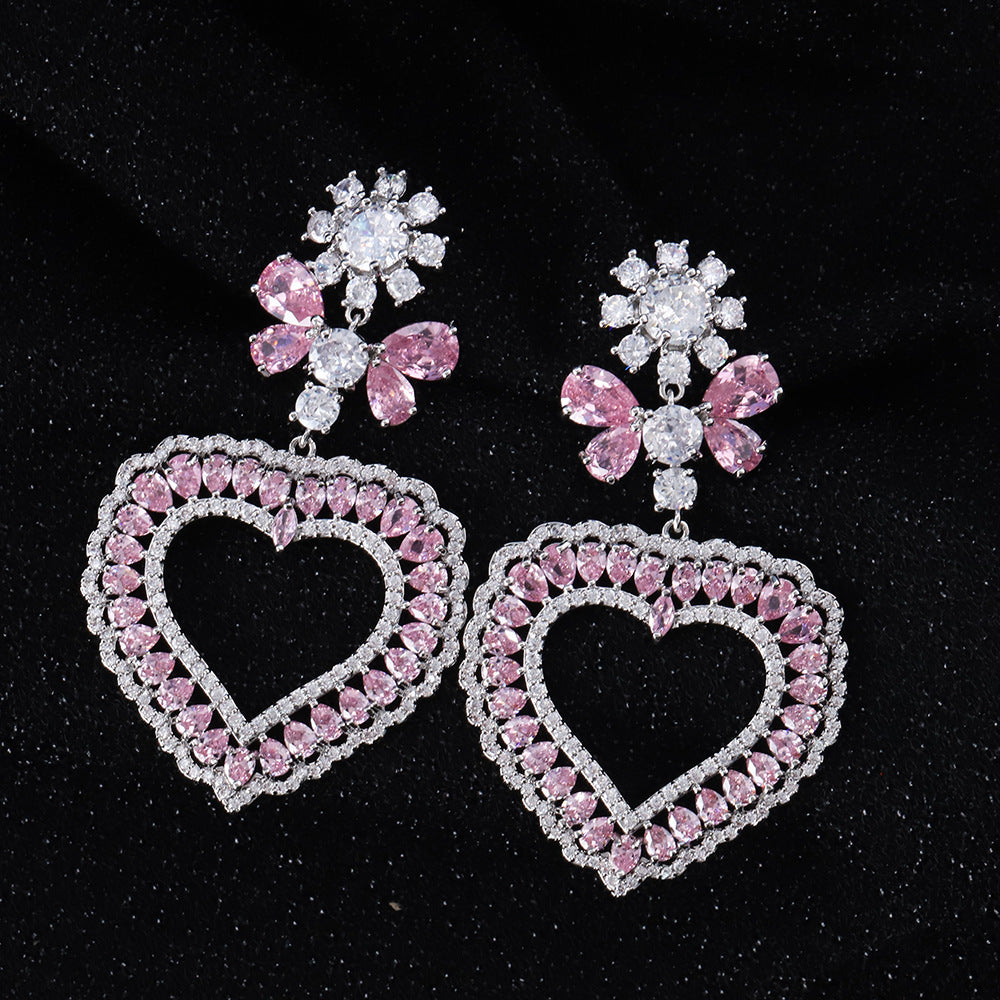 Heart-shaped Women's Flower Elegant High-end Earrings Pink