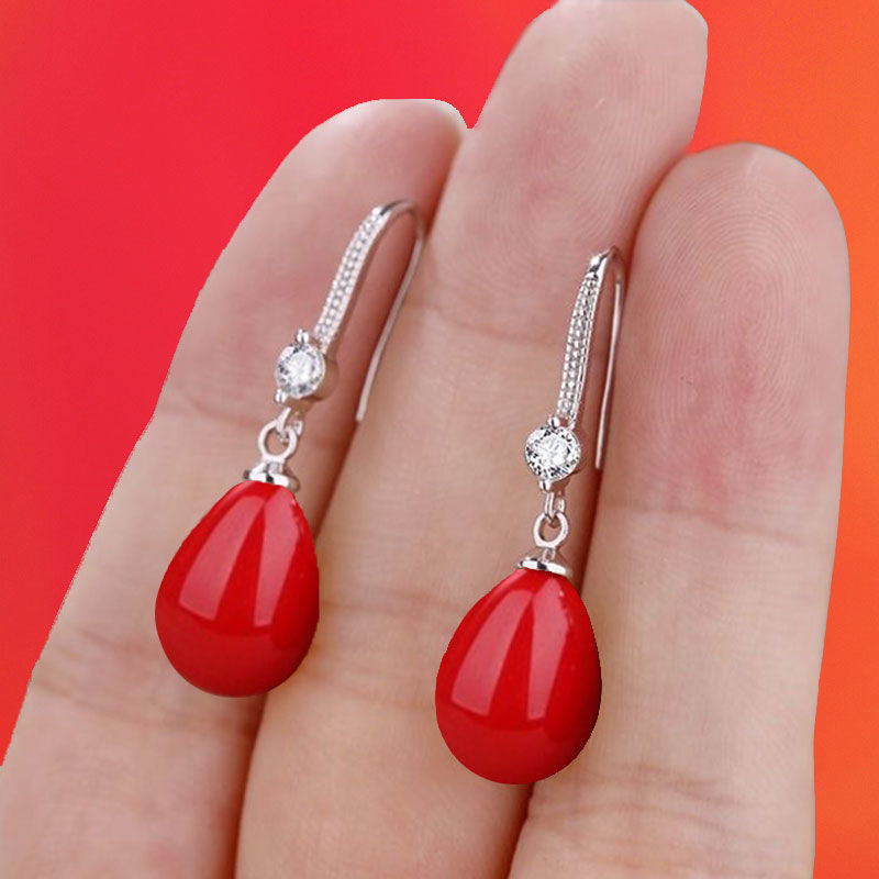 Fashion Women's Simple And Elegant Earrings Diamond Red Water Drop