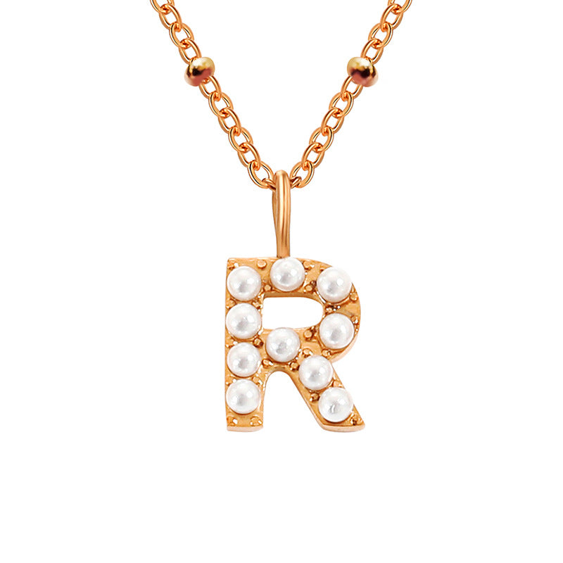 Niche Clavicle Chain 26 Pearl Letter Pendant Simple Stainless Steel Necklace R Rose Gold