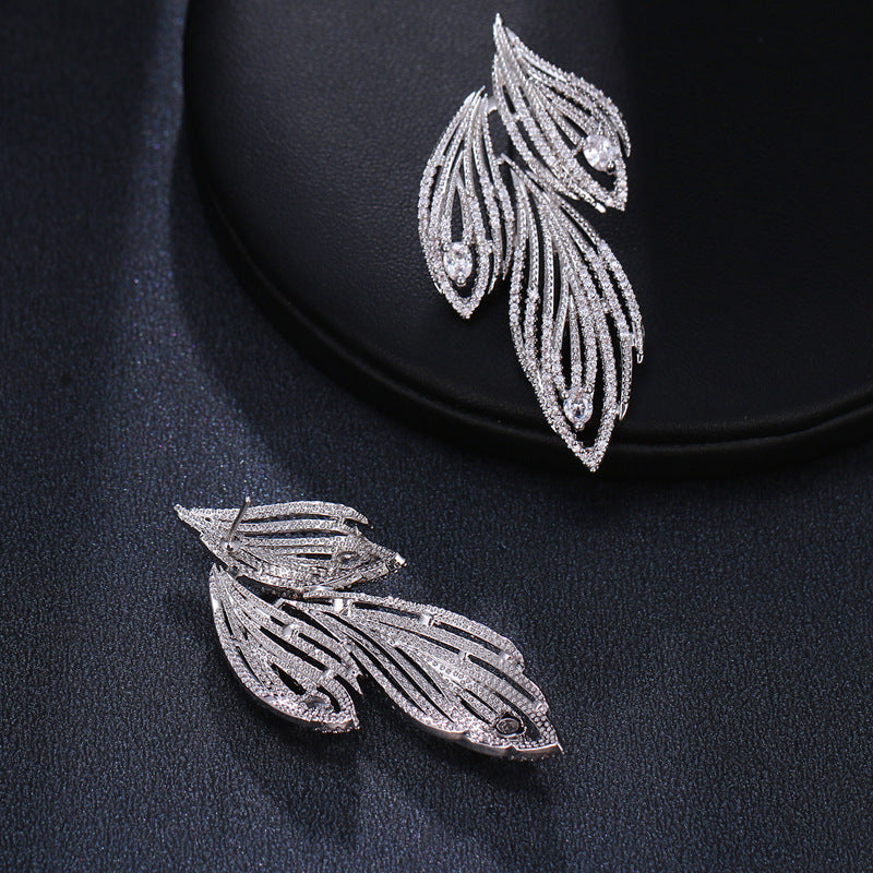 Leaf-shaped Full Rhinestone Zircon Earrings For Women