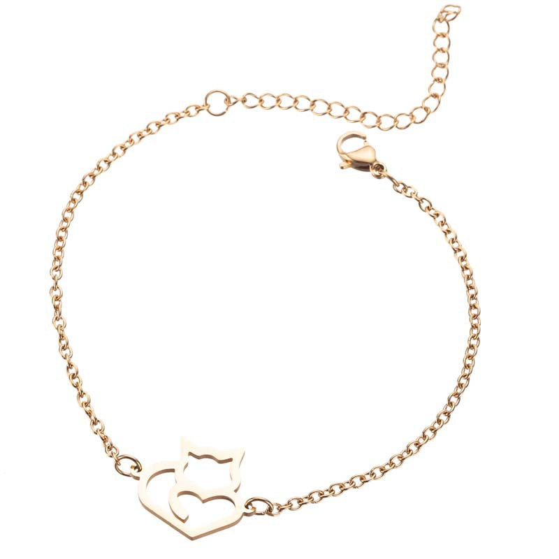 Simple And Elegant Stainless Steel Cute Long Tail Love Cat Bracelet Gold