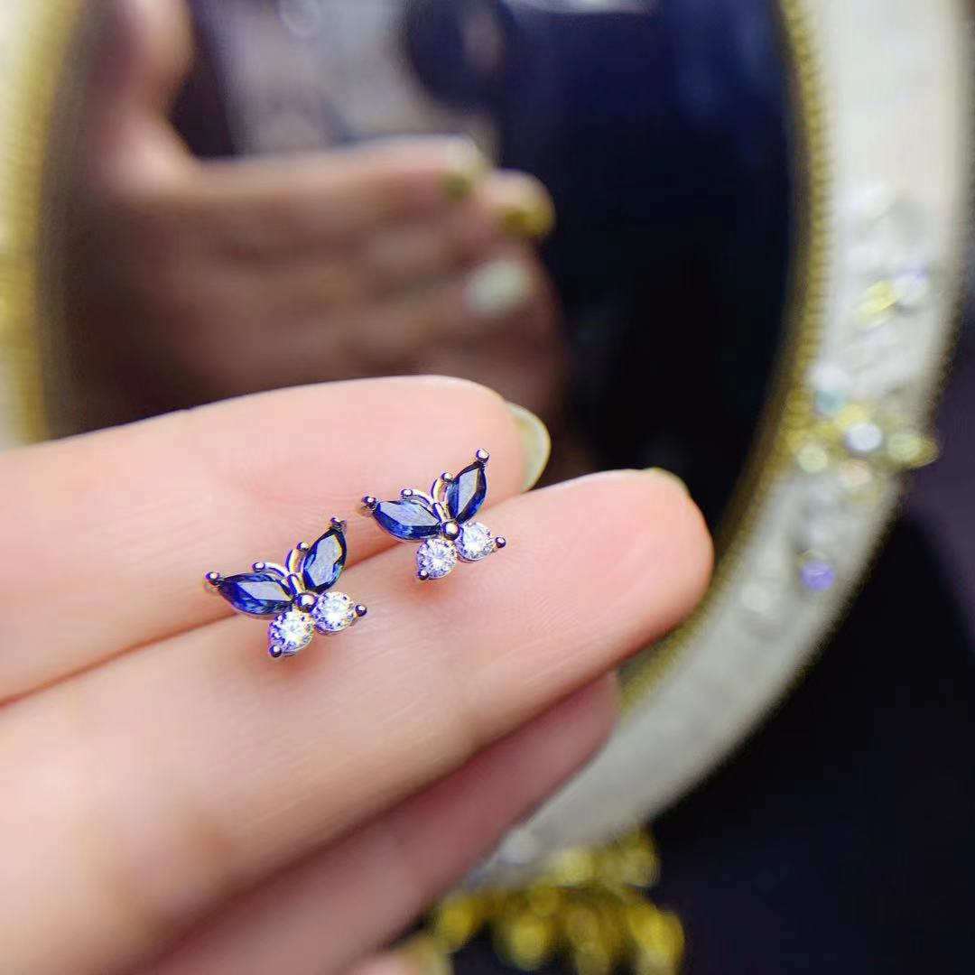 925 Silver Inlaid Natural Sapphire Butterfly Studs